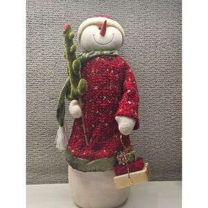 Snowman Christmas Figurine Red Knit Sweater Velvet Tree Holiday Decor 18 Inch